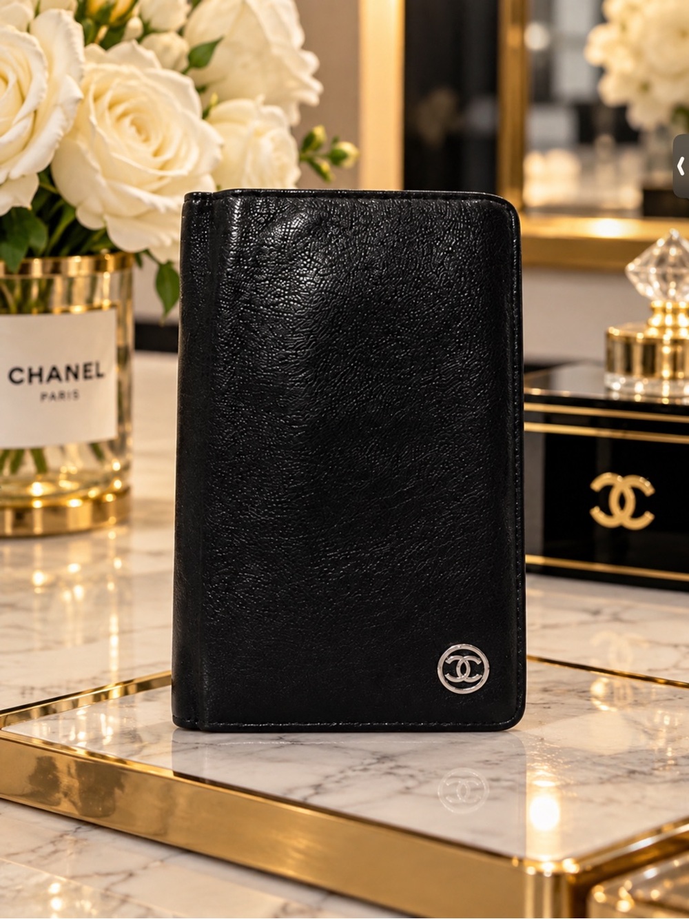 CHANEL Black Leather long wallet